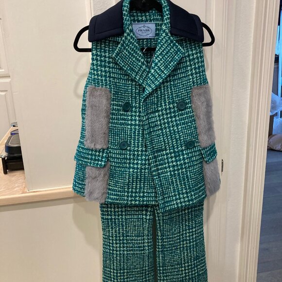 Prada Fall 2015 Green Tweed Ensemble Pants Vest with Mink Fur Accents IT 42 US 6 - Picture 16 of 16